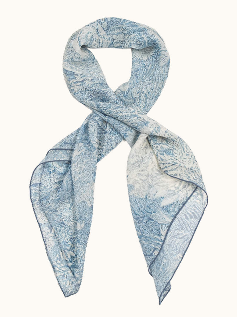Large mulberry silk scarf with floral motif in shades of blue 102 cm x108 cm image 1