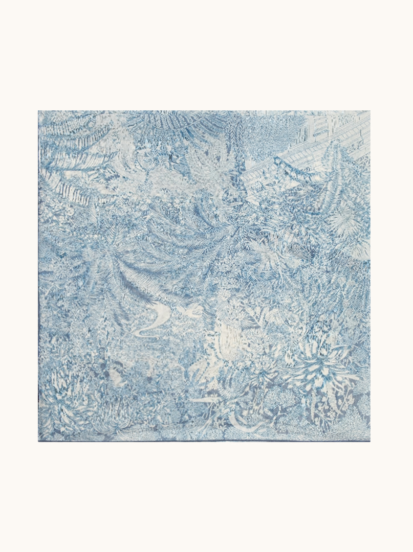 Large mulberry silk scarf with floral motif in shades of blue 102 cm x108 cm image 2