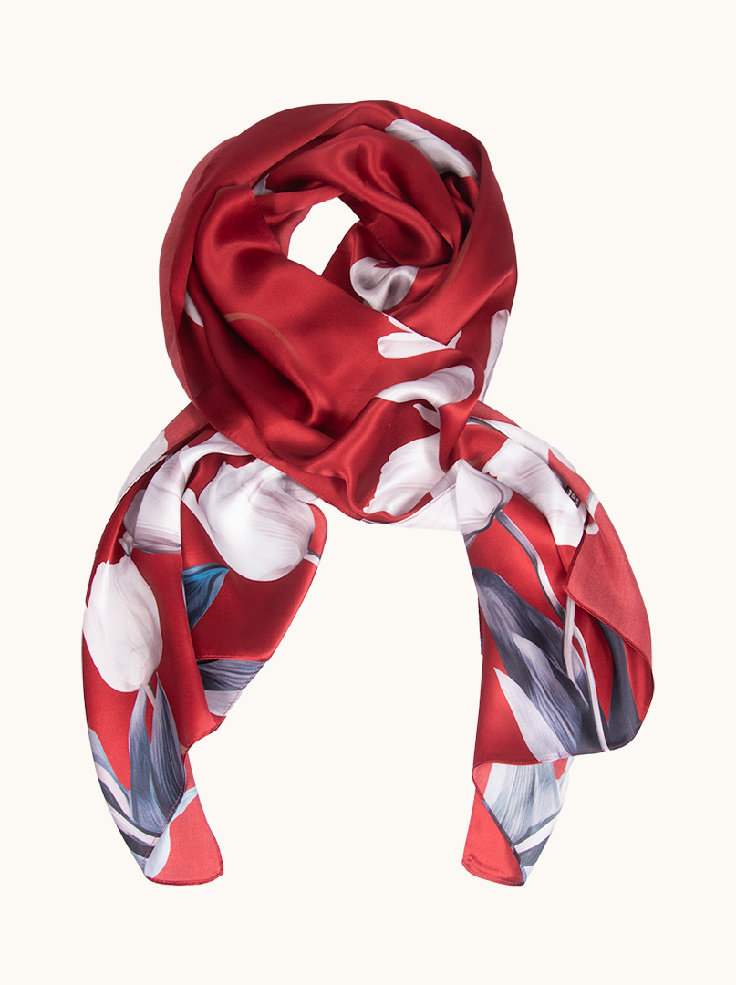 Maroon silk scarf with tulips 55 cm x 170 cm image 1