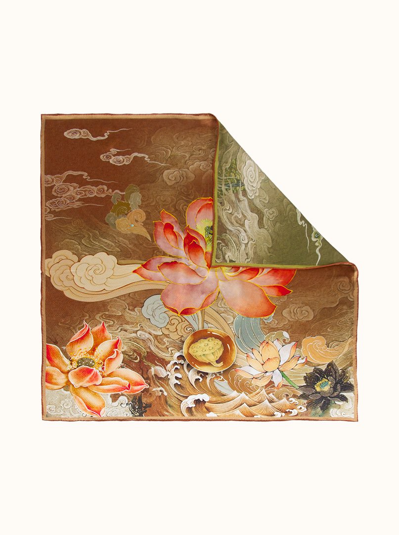 Silk scarf with lotus - oriental pattern 65x65 cm image 2
