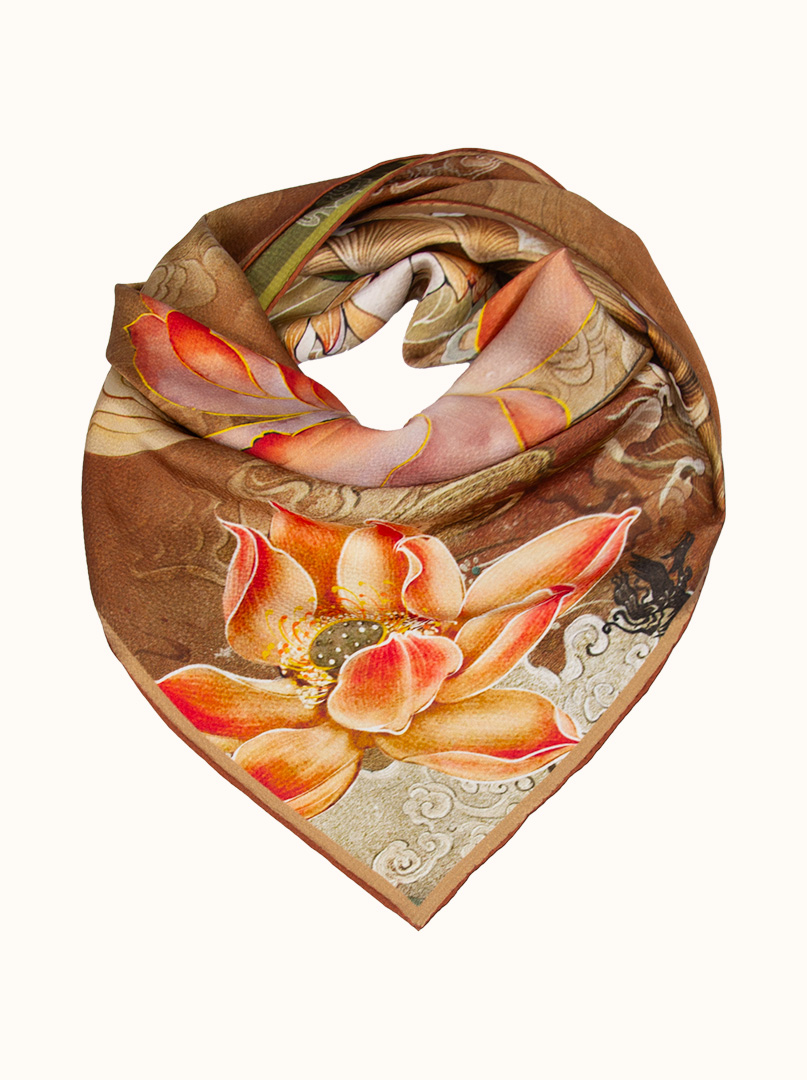 Silk scarf with lotus - oriental pattern 65x65 cm image 3