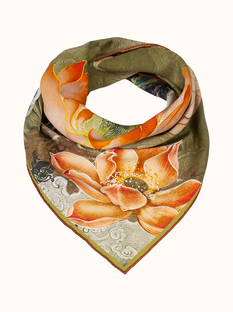 Silk scarf with lotus - oriental pattern 65x65 cm image 4