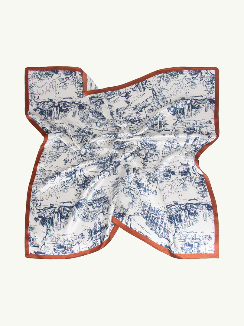 Silk scarf with city motif with brown border 88 cm x 88 cm image 4