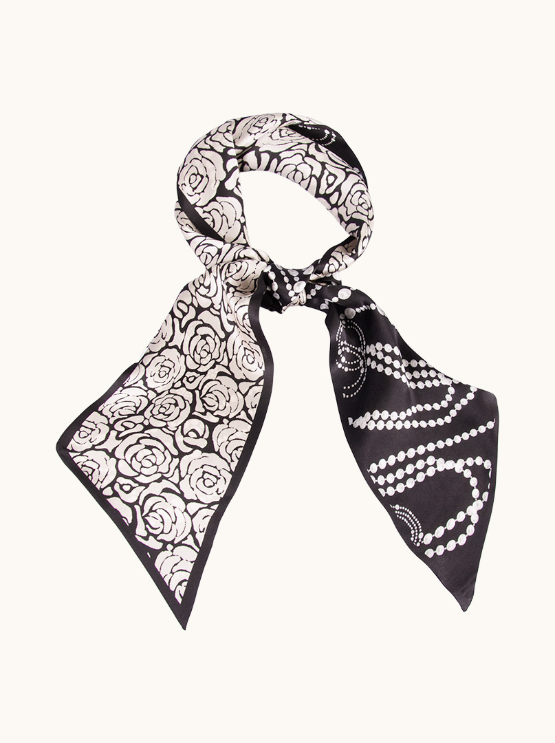Double-sided narrow silk scarf with rose and pearl motif black and white 17cm x 150cm  image 1
