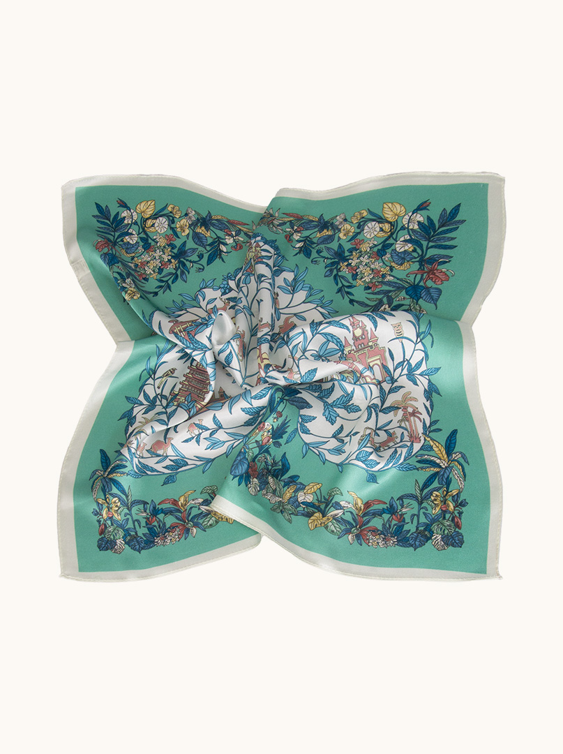 Green silk gavroshka with flowers 53 cm x 53 cm image 2