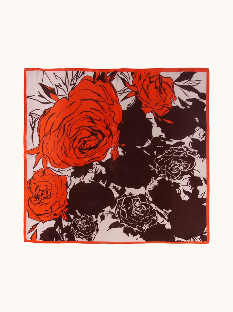 Red and brown silk scarf with rose motif 65 cm x 65 cm image 2