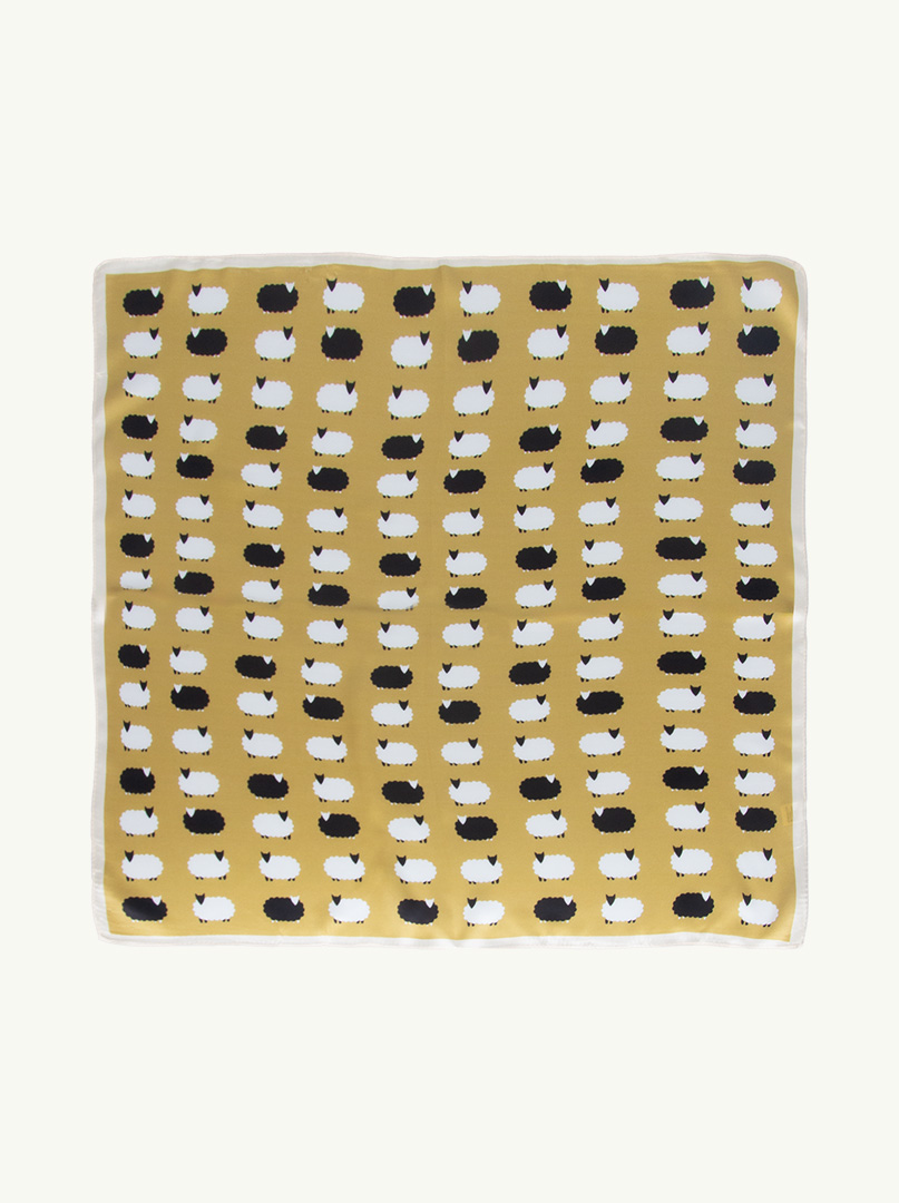 Mustard-coloured silk scarf with sheep pattern 65 cm x 65 cm image 1