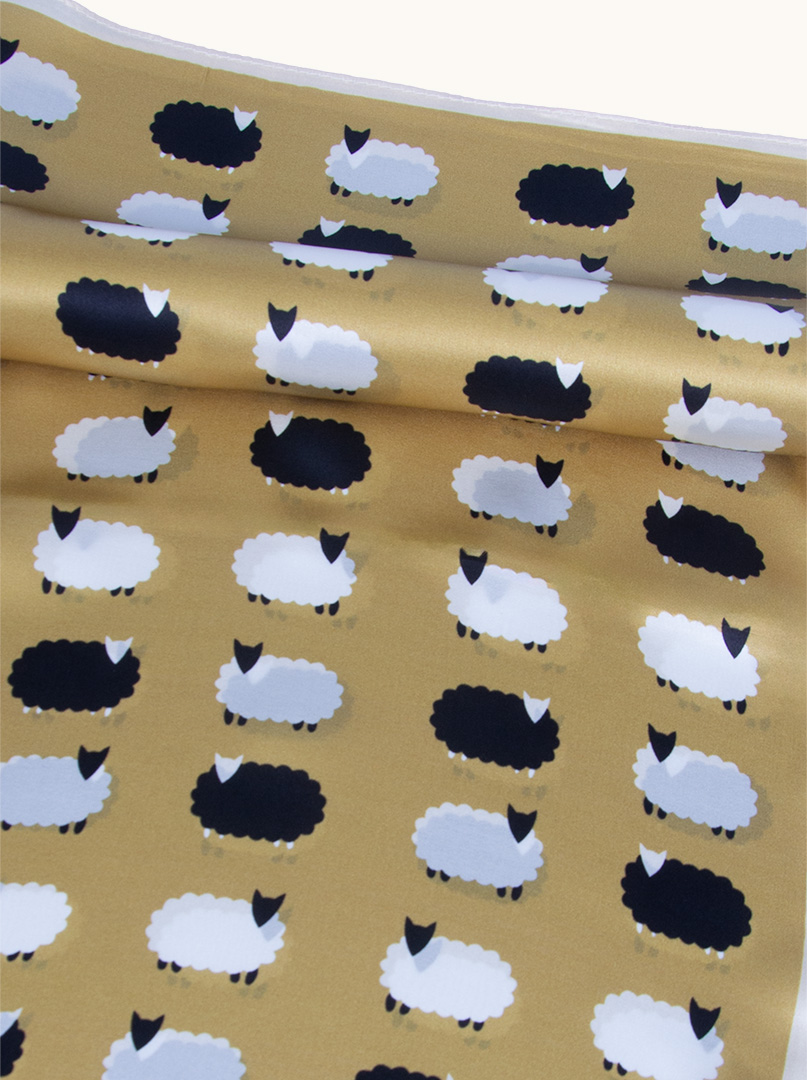 Mustard-coloured silk scarf with sheep pattern 65 cm x 65 cm image 3