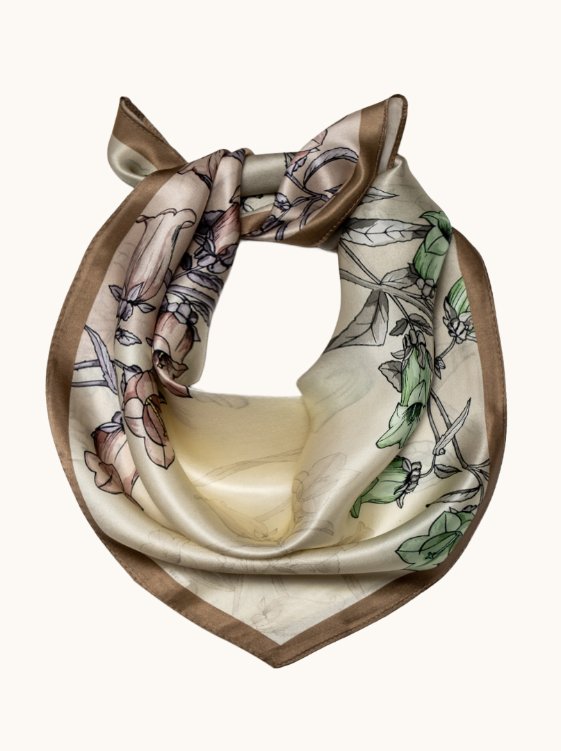 Small silk women's scarf with floral pattern, 53 cm x 53 cm image 1
