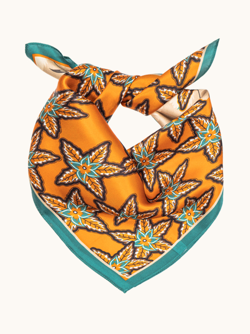  Small silk gavroshka scarf in orange and beige with floral pattern, 53cm x53cm image 1