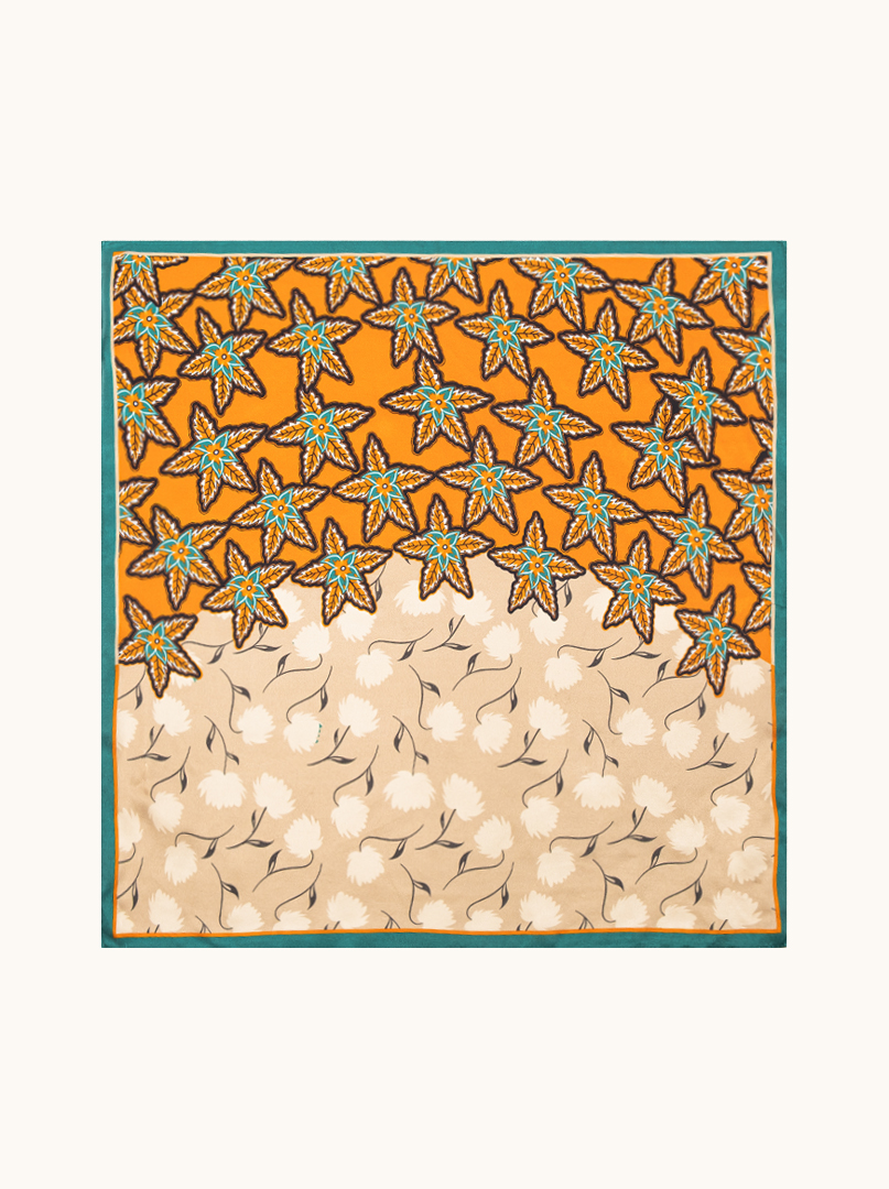  Small silk gavroshka scarf in orange and beige with floral pattern, 53cm x53cm image 2