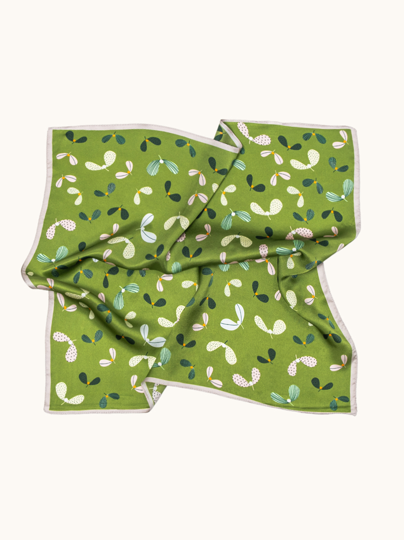 Small silk gavroche green scarf with botanical pattern 53cm x53cm image 3