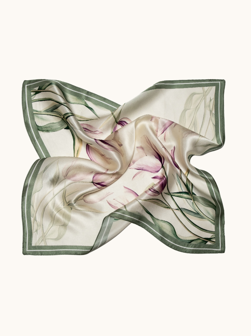 Small silk women's scarf with floral pattern, 53 cm x 53 cm image 3