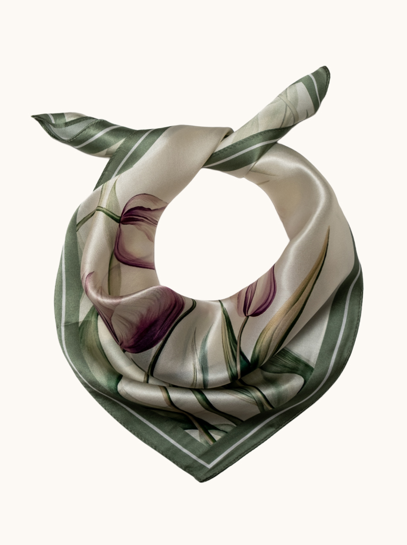 Small silk women's scarf with floral pattern, 53 cm x 53 cm image 1