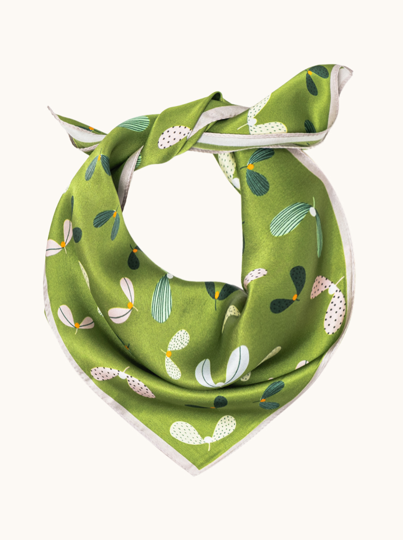 Small silk gavroche green scarf with botanical pattern 53cm x53cm image 1