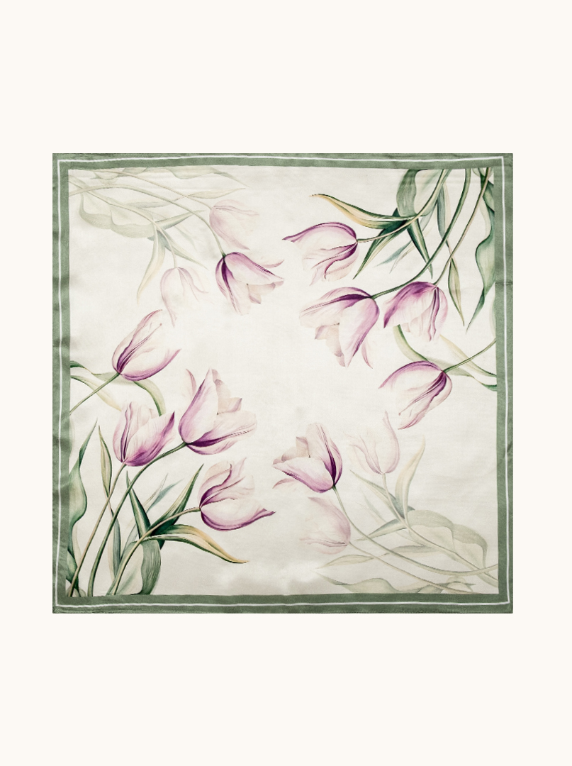 Small silk women's scarf with floral pattern, 53 cm x 53 cm image 2