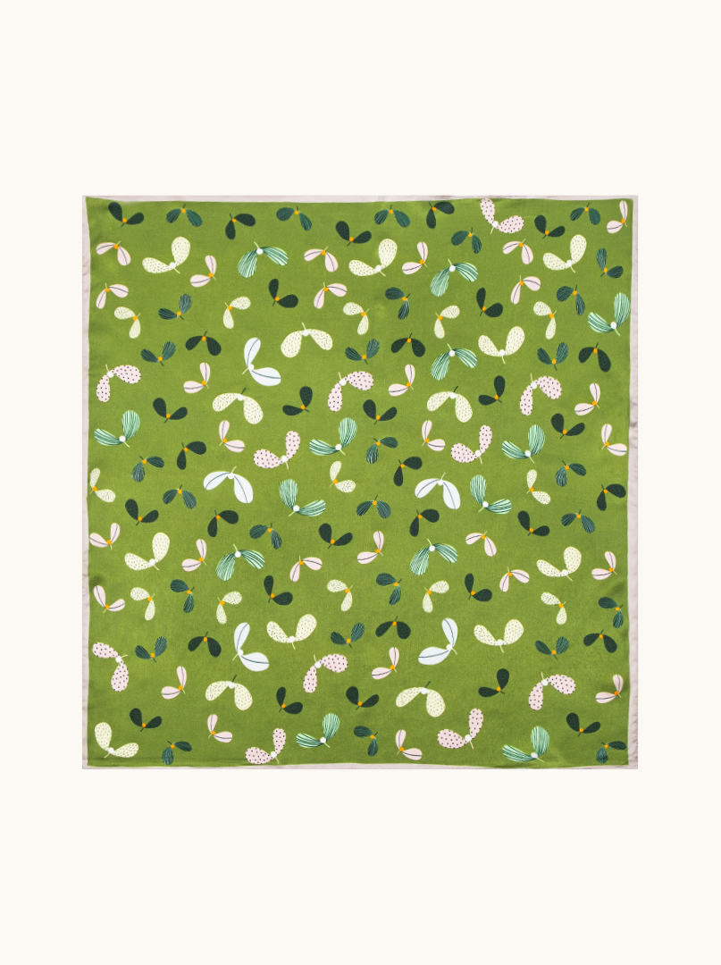 Small silk gavroche green scarf with botanical pattern 53cm x53cm image 2