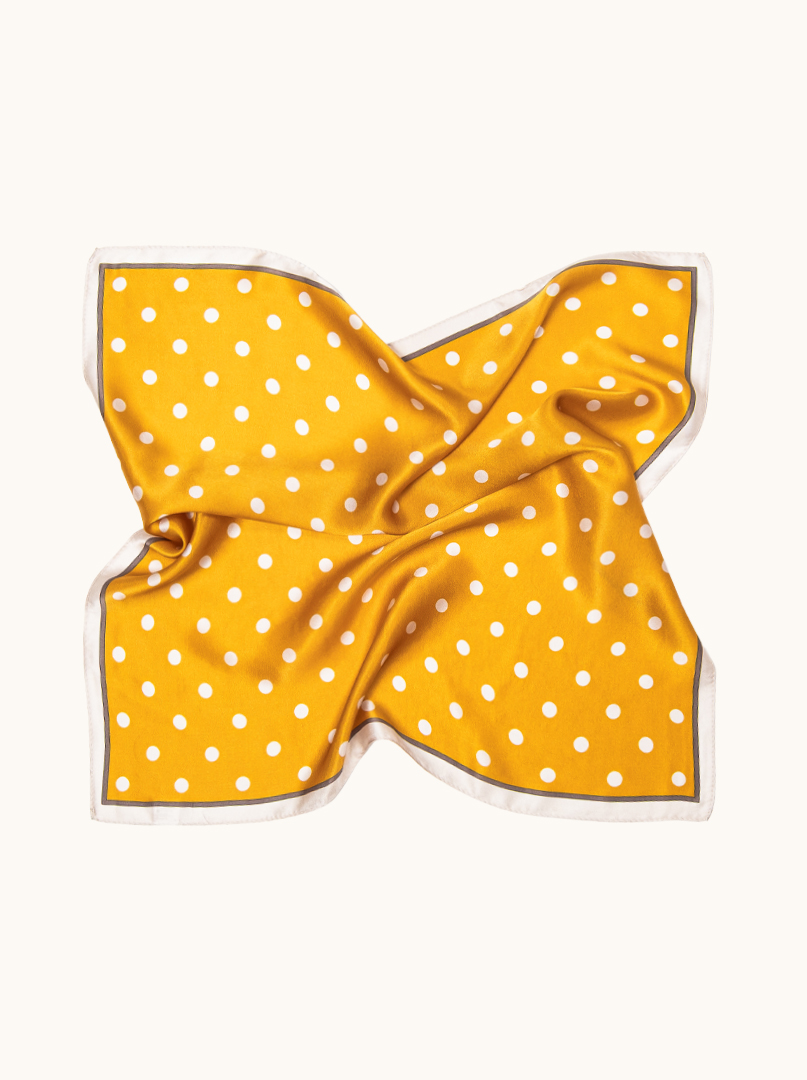 Small mustard silk gavroche scarf in peas 53cm x53cm image 3