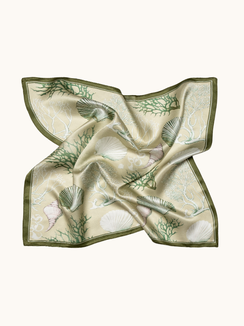 Small silk scarf for women, green with shells, 53 cm x 53 cm image 3