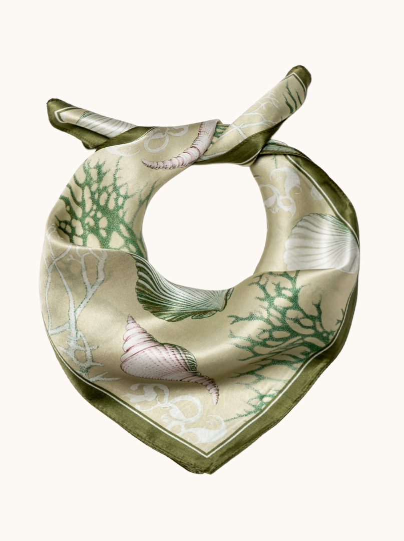 Small silk scarf for women, green with shells, 53 cm x 53 cm image 1