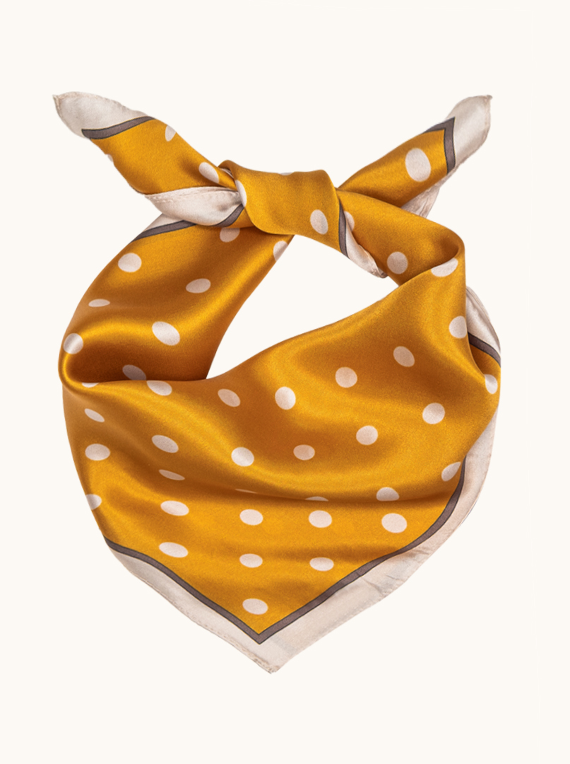 Small mustard silk gavroche scarf in peas 53cm x53cm image 1