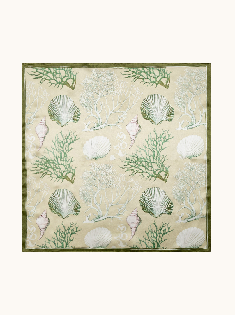 Small silk scarf for women, green with shells, 53 cm x 53 cm image 2