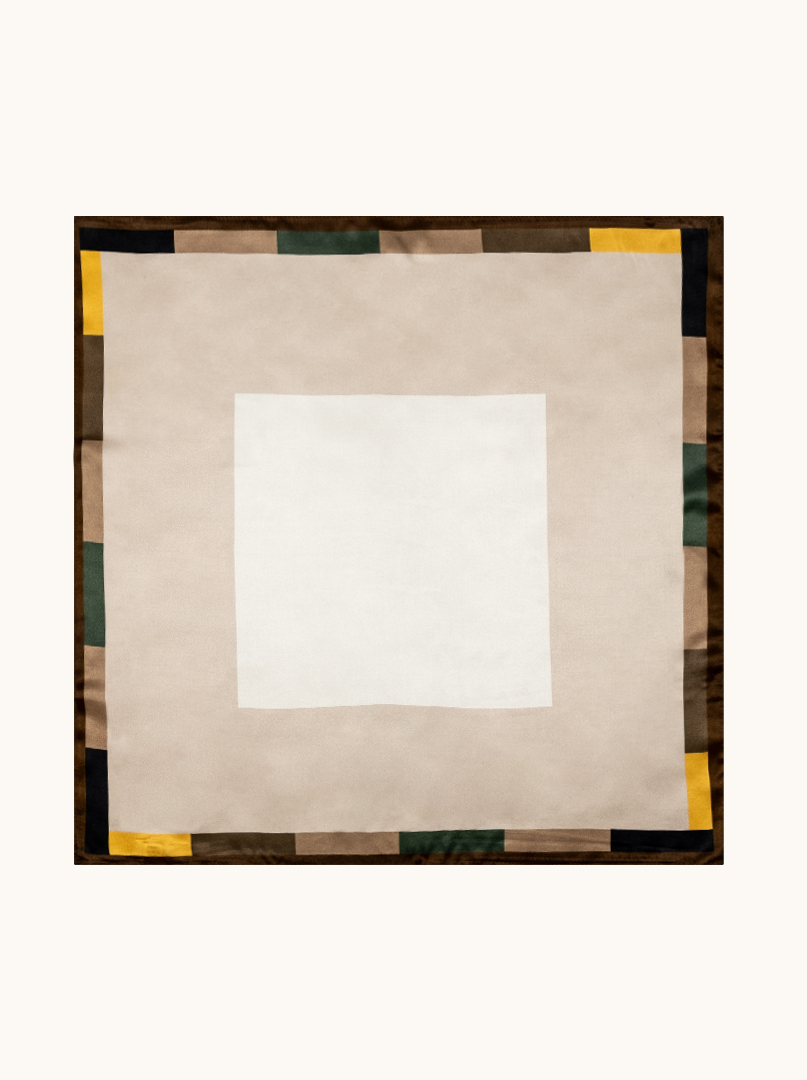 Small women's silk scarf in beige with a geometric frame, 53 cm x 53 cm image 2