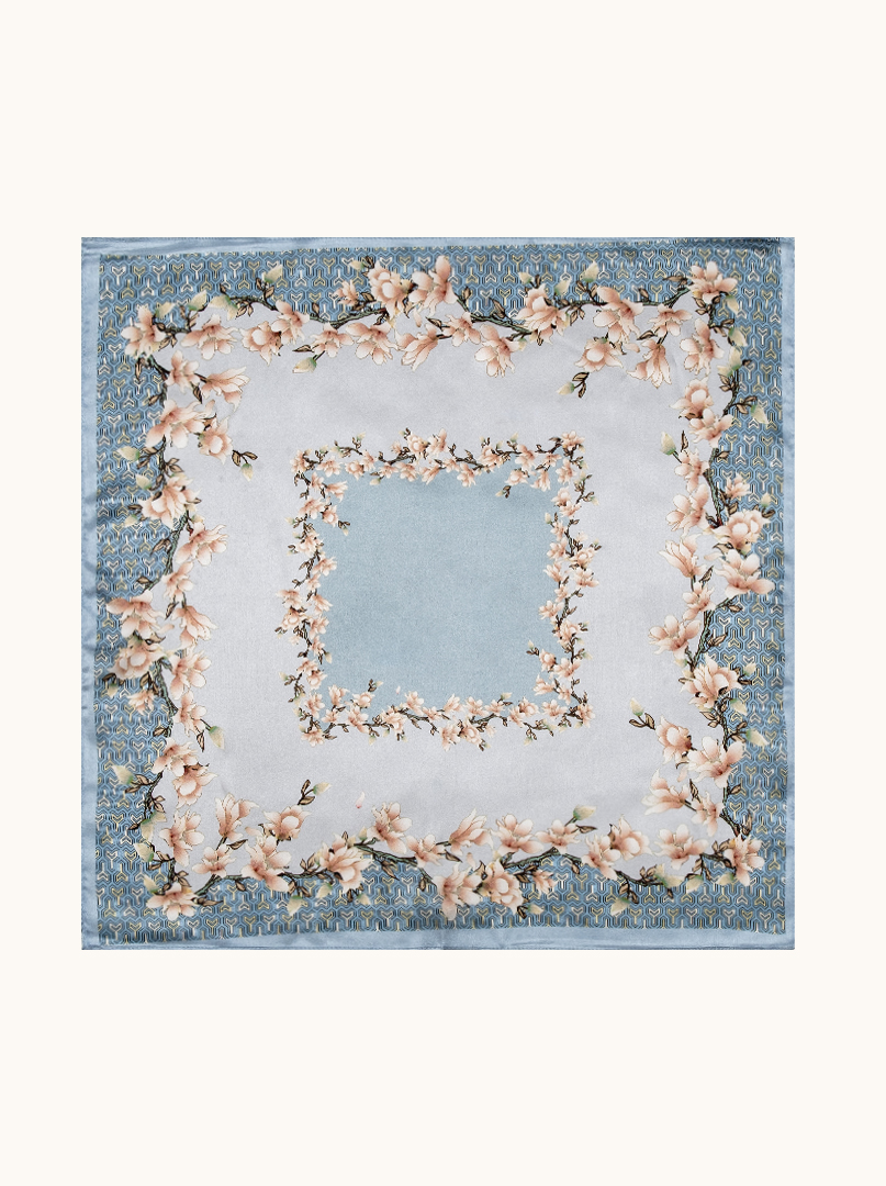 Small silk scarf for women, blue with magnolias, 53 cm x 53 cm image 2