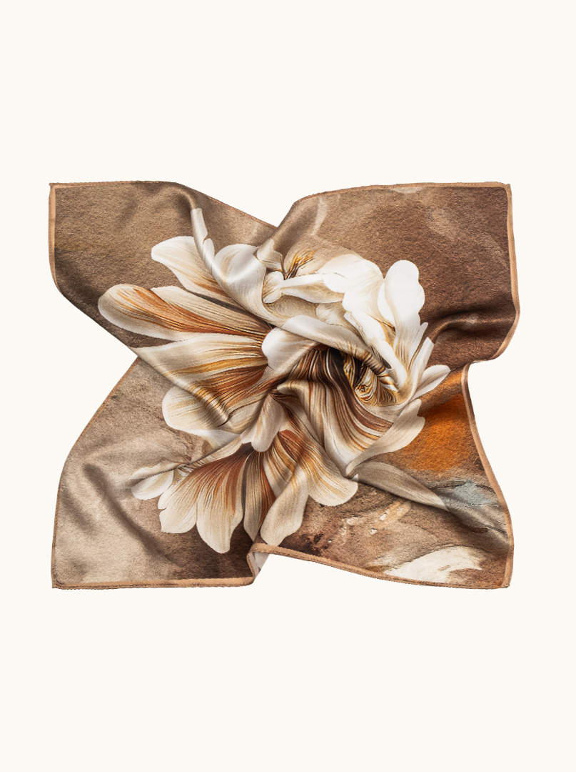 Small beige silk scarf with peony flower 53cm x53cm image 3