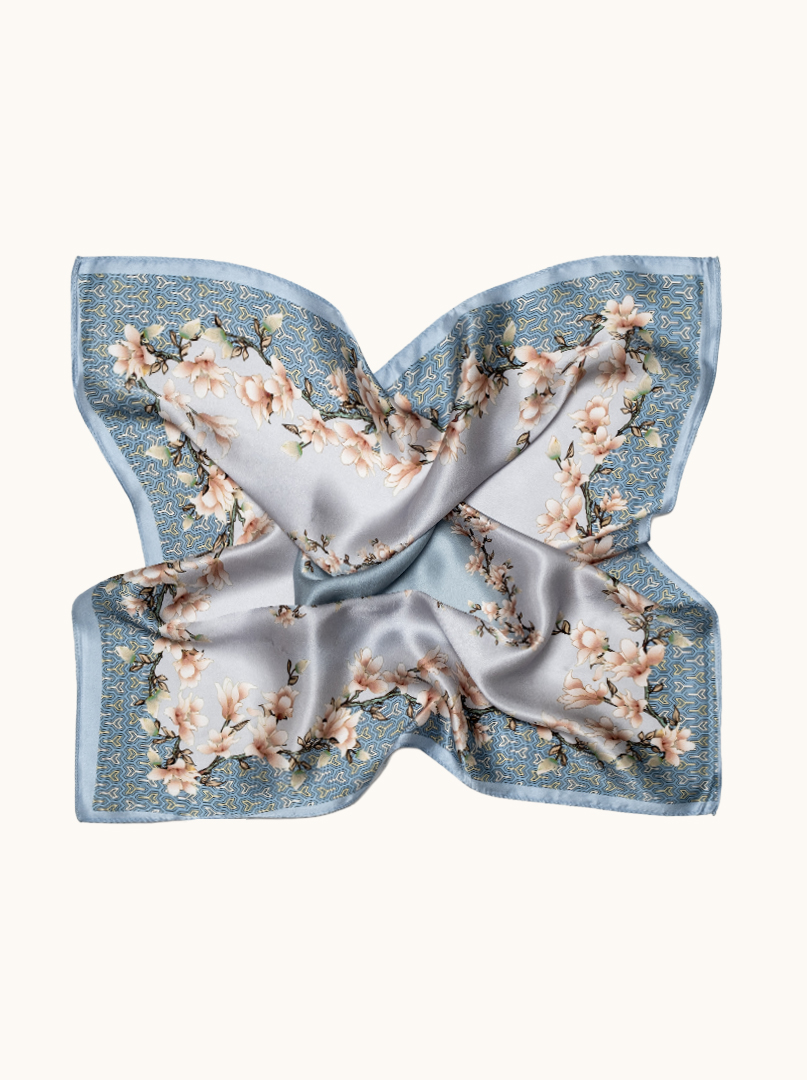 Small silk scarf for women, blue with magnolias, 53 cm x 53 cm image 3