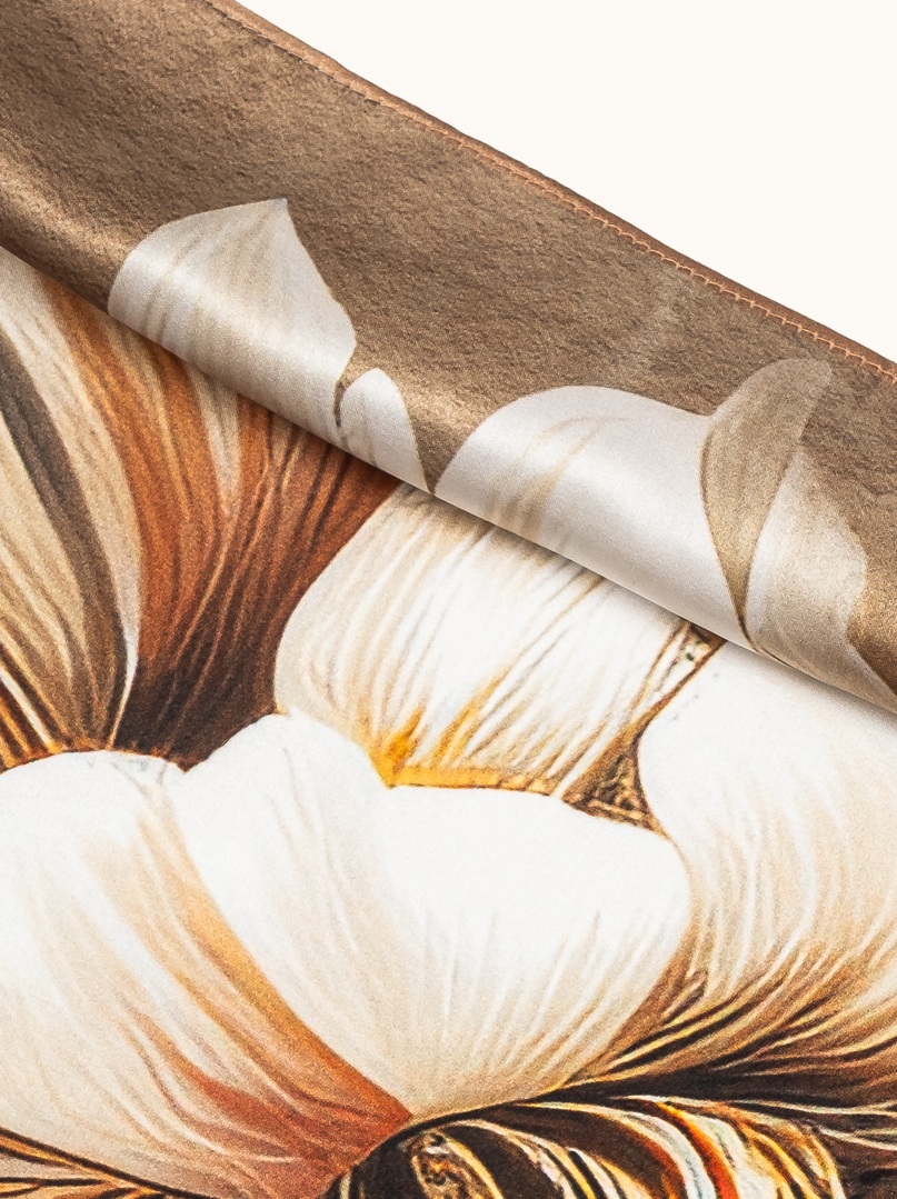 Small beige silk scarf with peony flower 53cm x53cm image 4