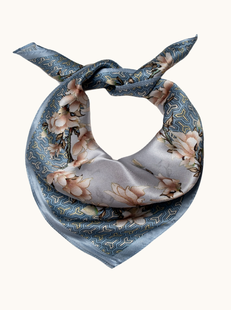 Small silk scarf for women, blue with magnolias, 53 cm x 53 cm image 1