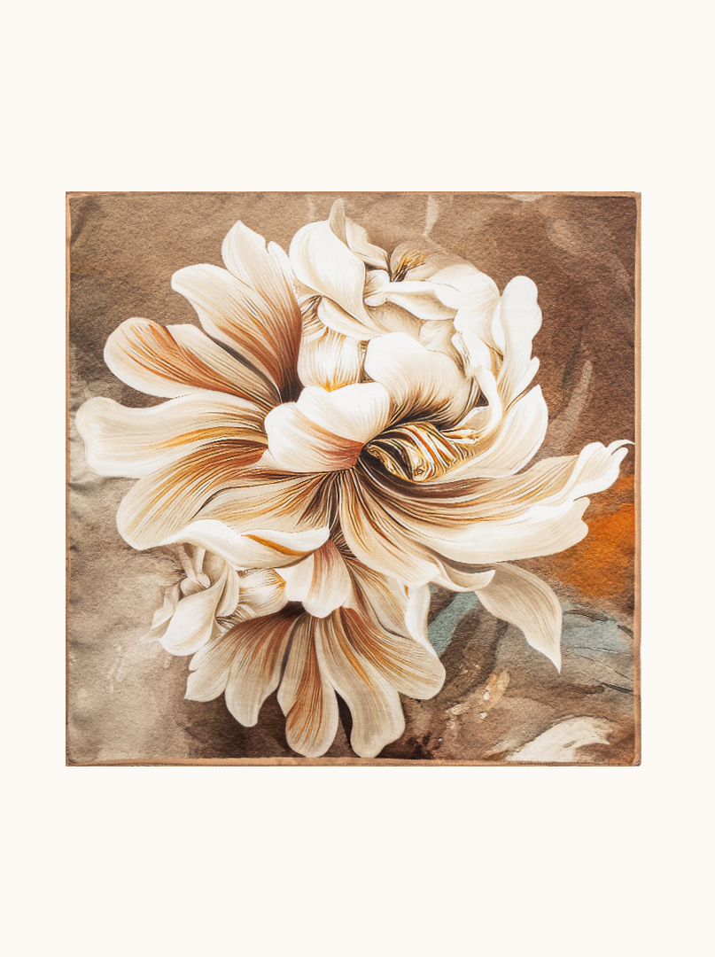 Small beige silk scarf with peony flower 53cm x53cm image 2