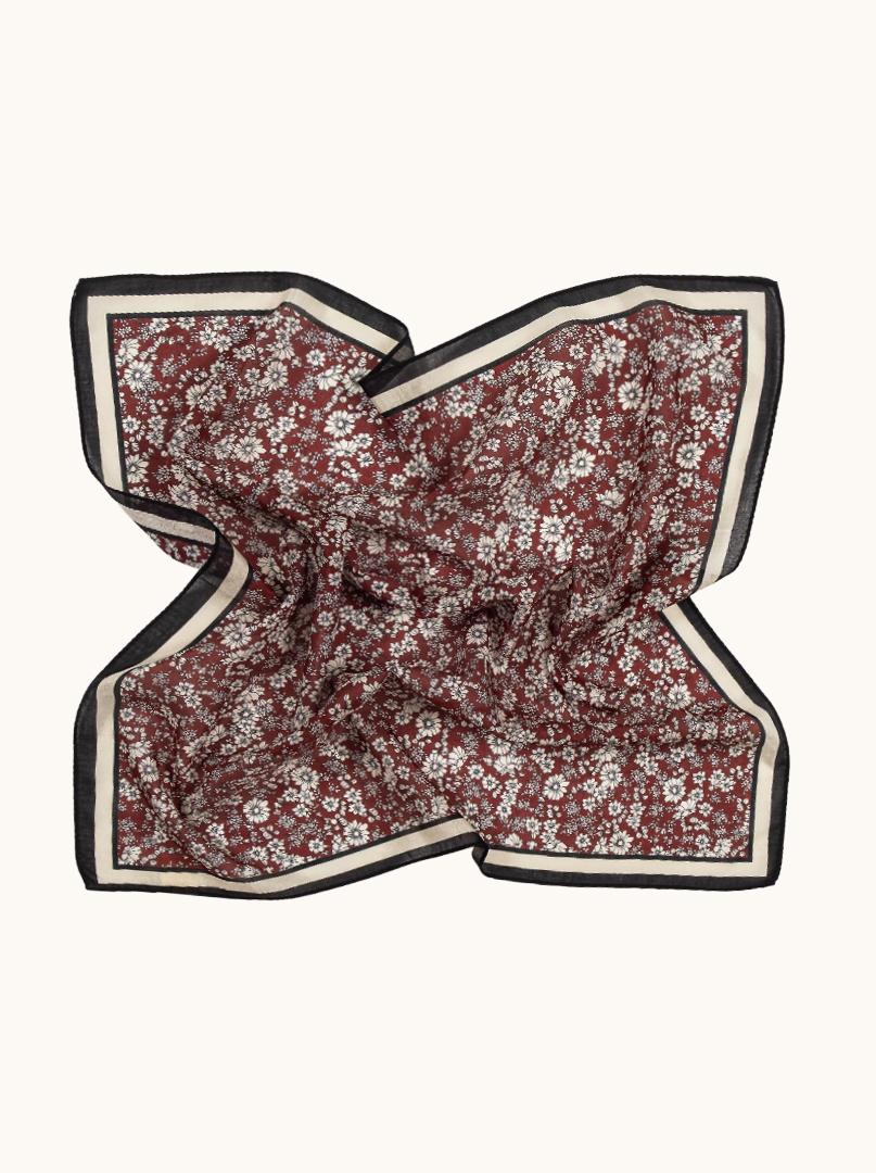 Small cotton scarf with mulberry silk flowers on burgundy background 53cm x53cm image 3