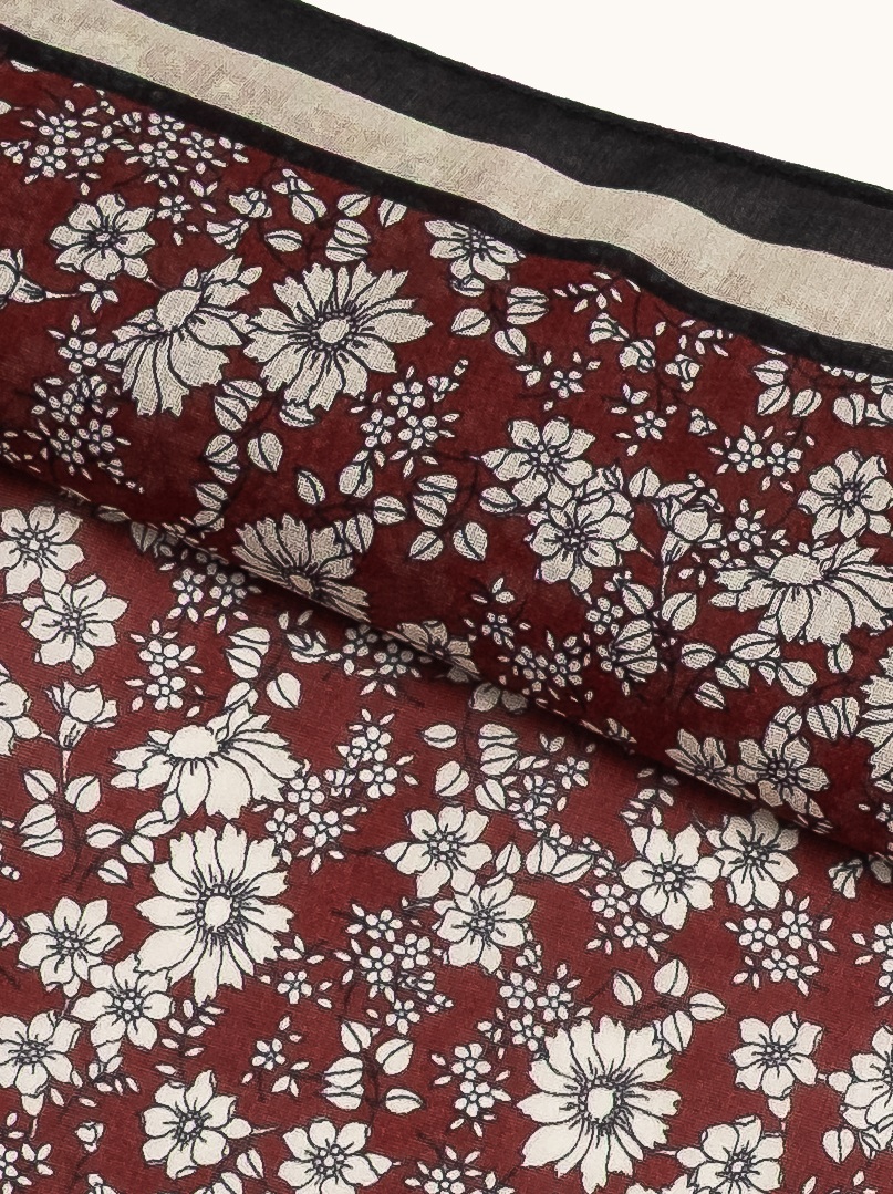 Small cotton scarf with mulberry silk flowers on burgundy background 53cm x53cm image 4