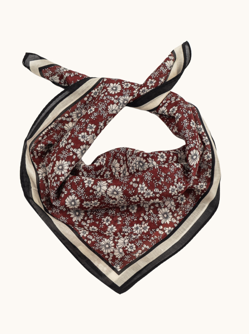 Small cotton scarf with mulberry silk flowers on burgundy background 53cm x53cm image 1