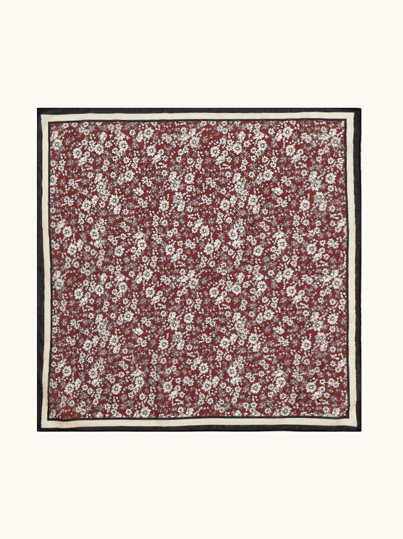 Small cotton scarf with mulberry silk flowers on burgundy background 53cm x53cm image 2