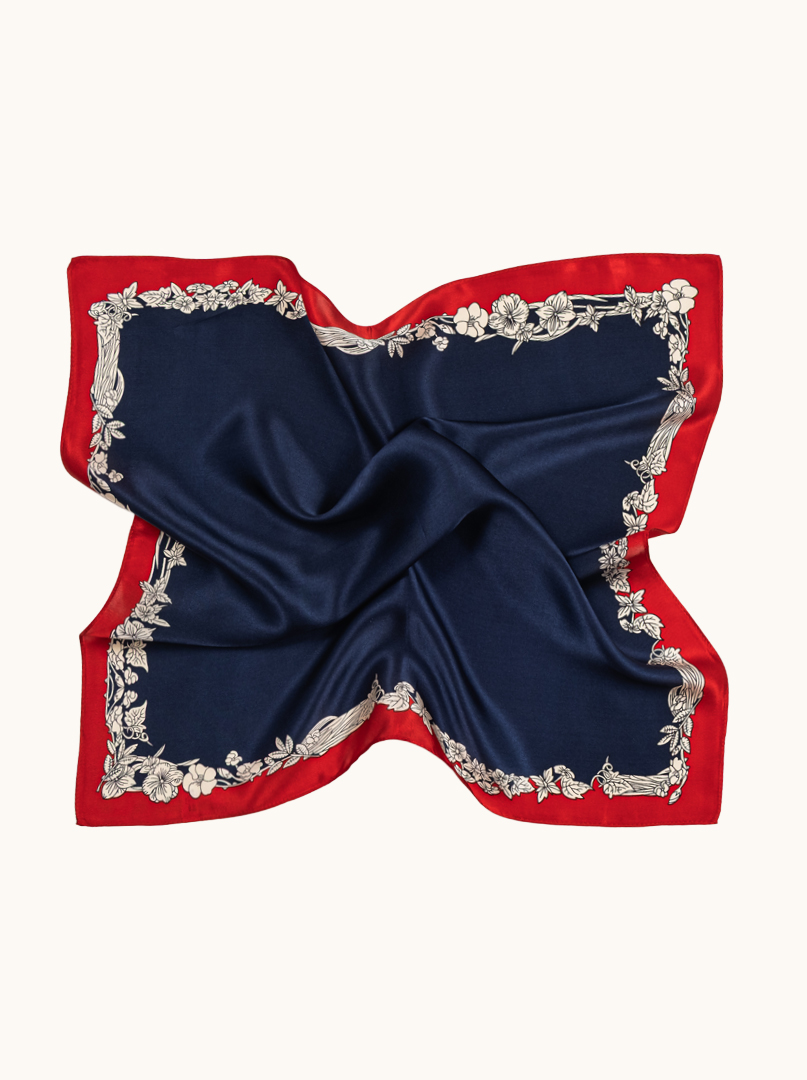 Small navy blue silk scarf with floral twist 53cm x53cm image 4