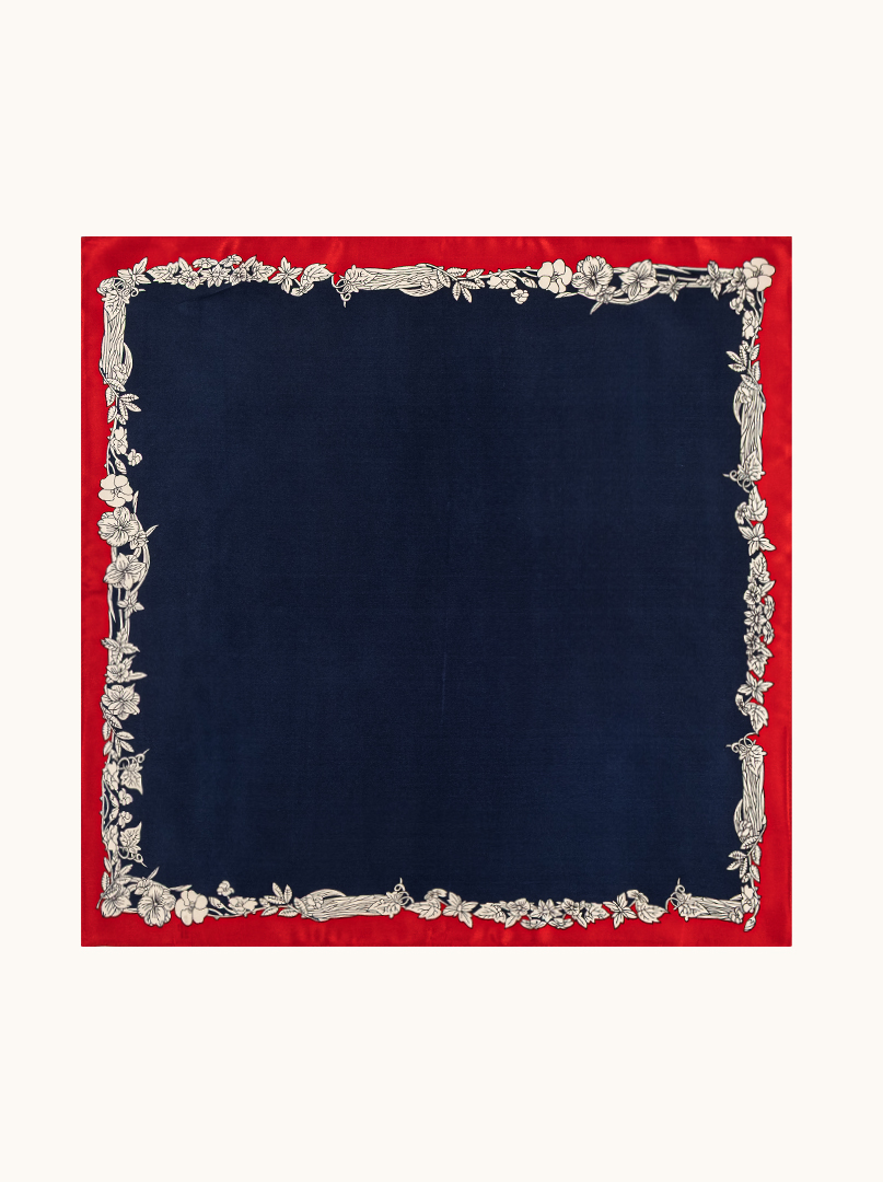 Small navy blue silk scarf with floral twist 53cm x53cm image 3