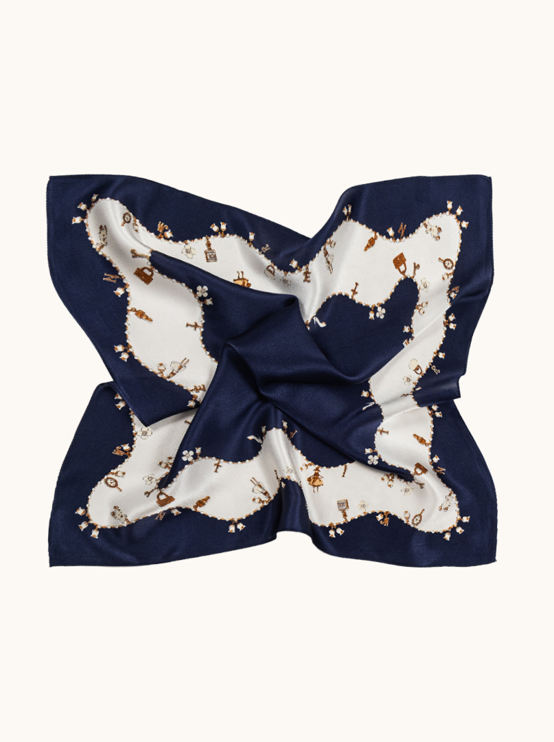 Small navy blue silk neckerchief with galore motif 53cm x53cm image 3