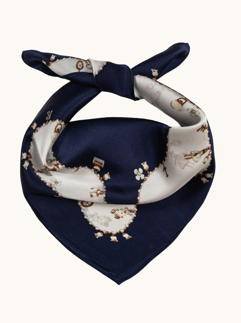Small navy blue silk neckerchief with galore motif 53cm x53cm image 1