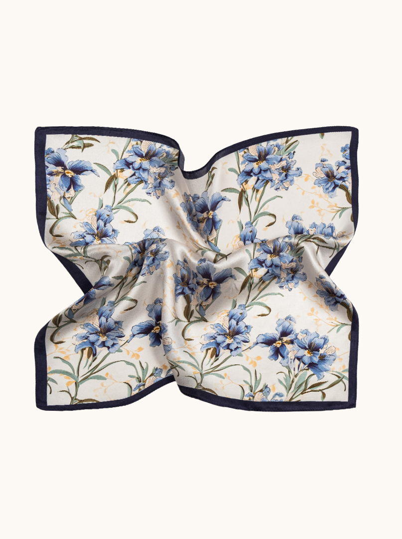 Small blue silk gavroshka scarf with flowers 53cm x53cm image 3
