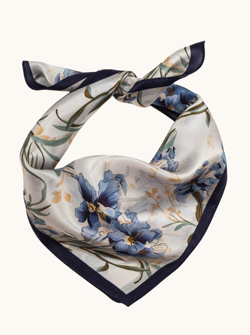 Small blue silk gavroshka scarf with flowers 53cm x53cm image 1