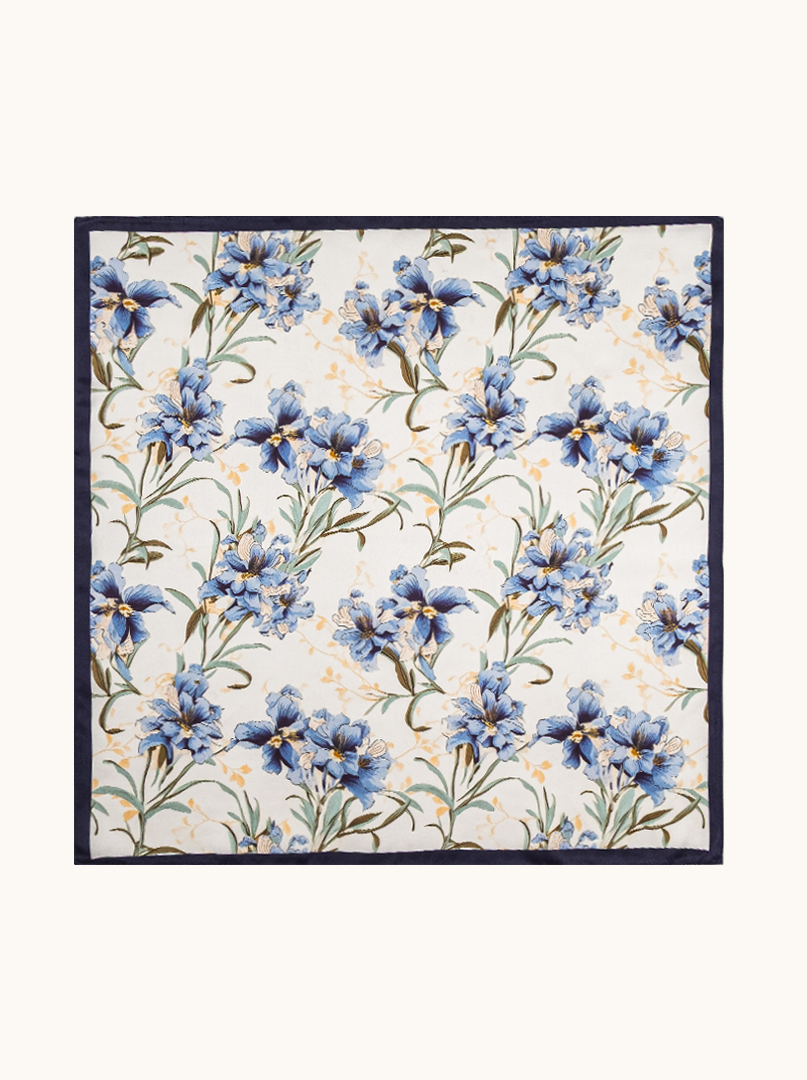 Small blue silk gavroshka scarf with flowers 53cm x53cm image 2