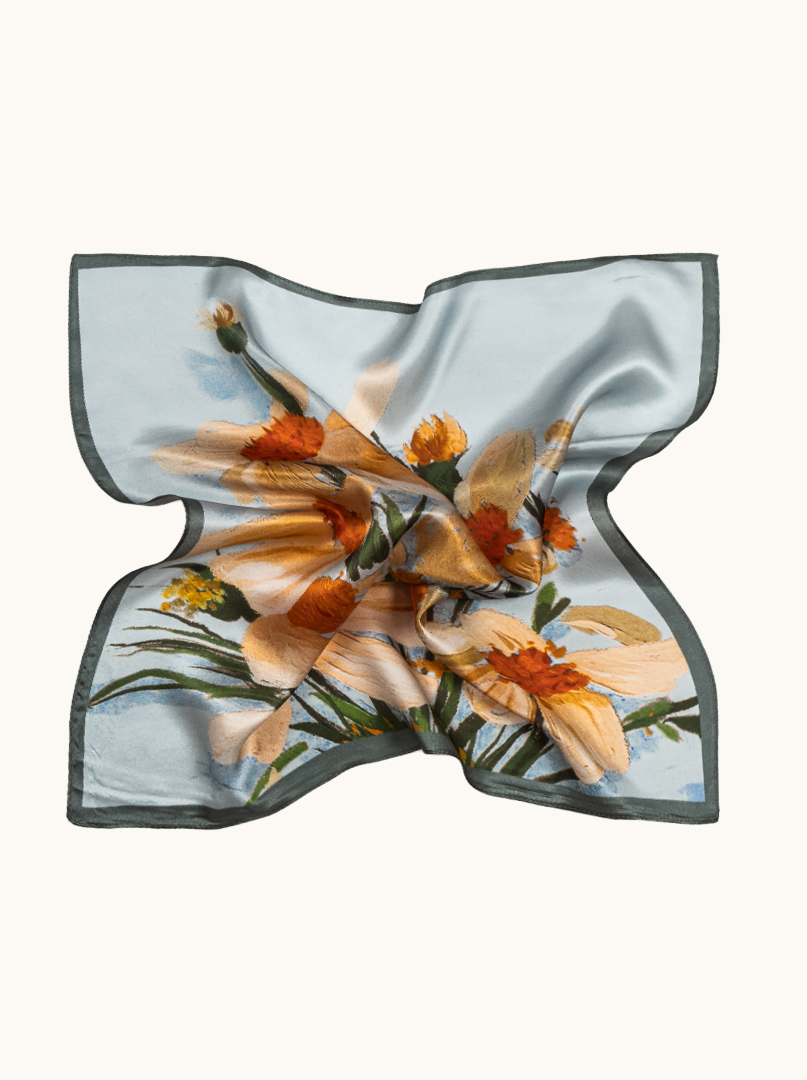 Small blue silk scarf with floral print 53cm x53cm image 3