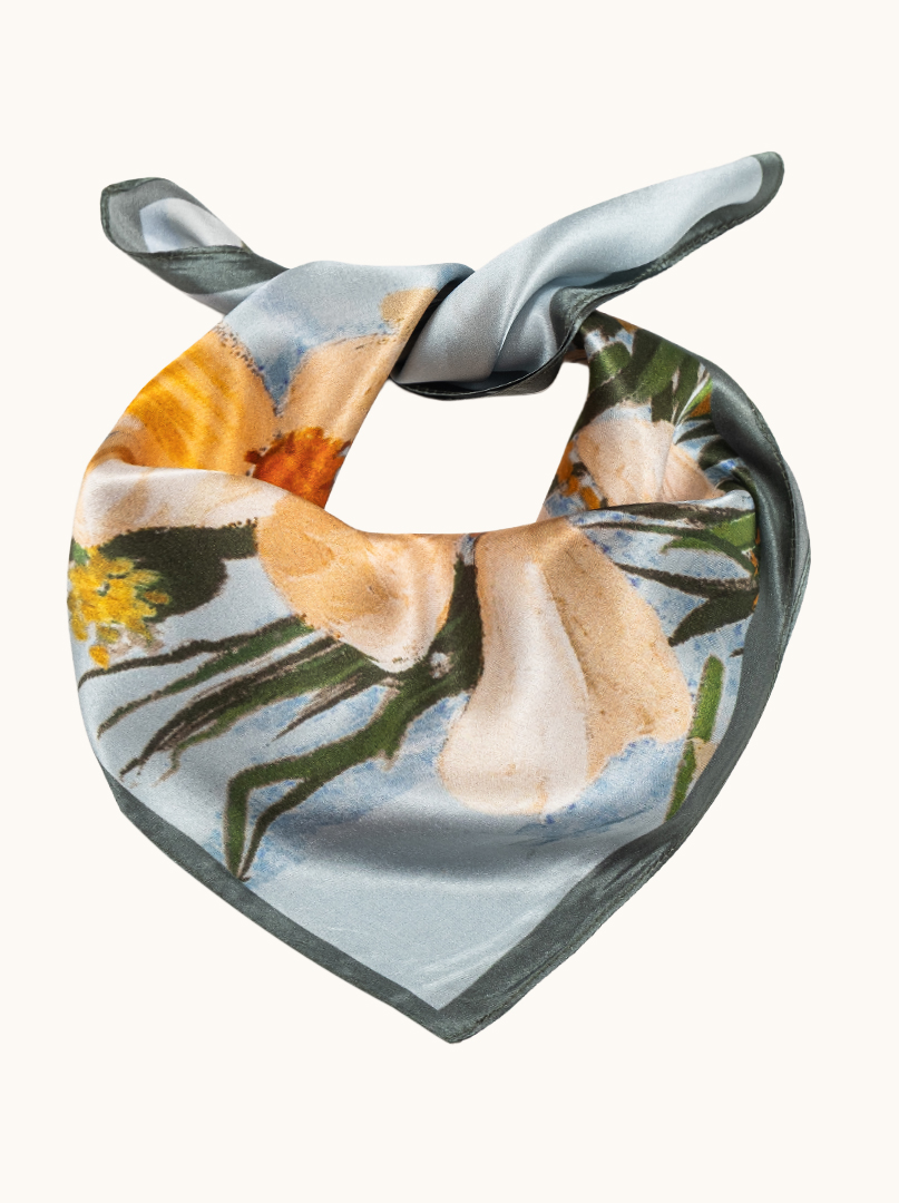 Small blue silk scarf with floral print 53cm x53cm image 1