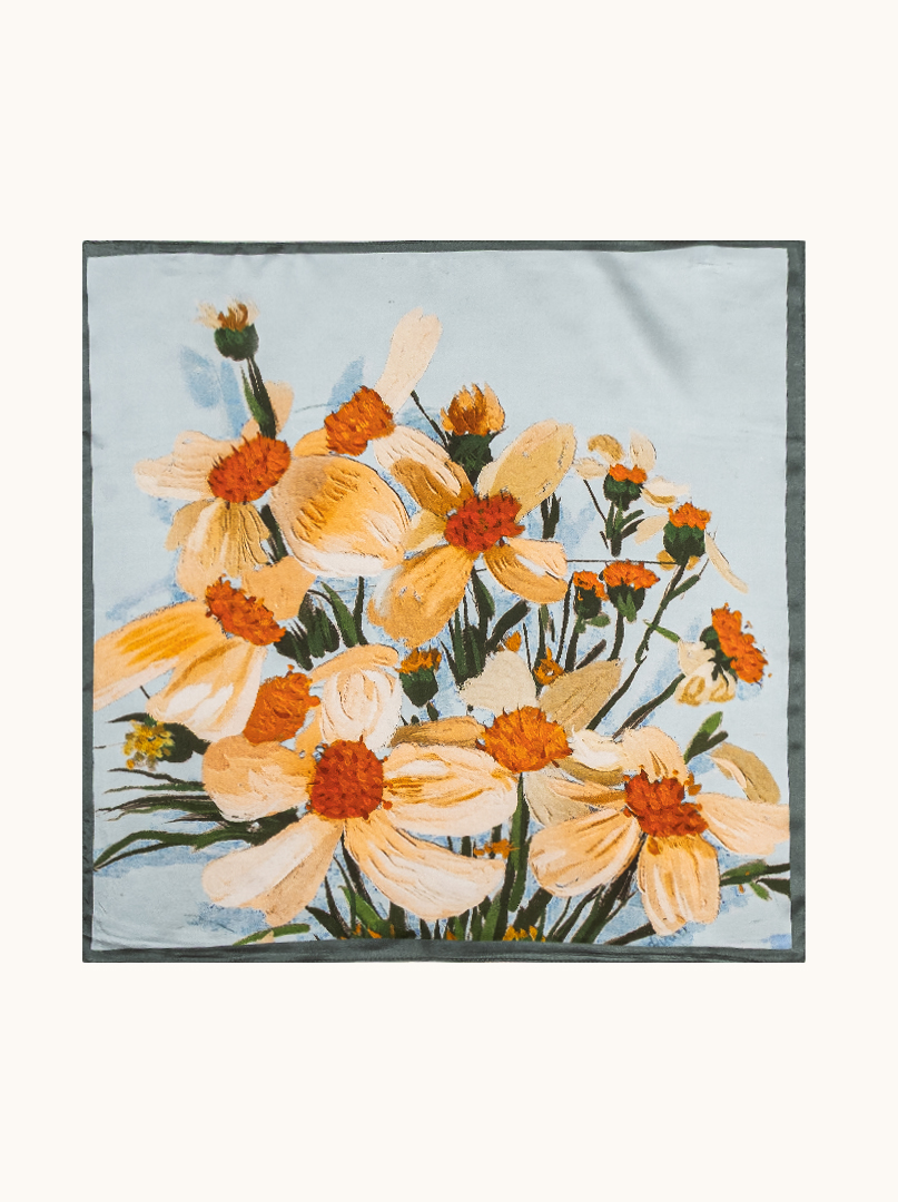 Small blue silk scarf with floral print 53cm x53cm image 2