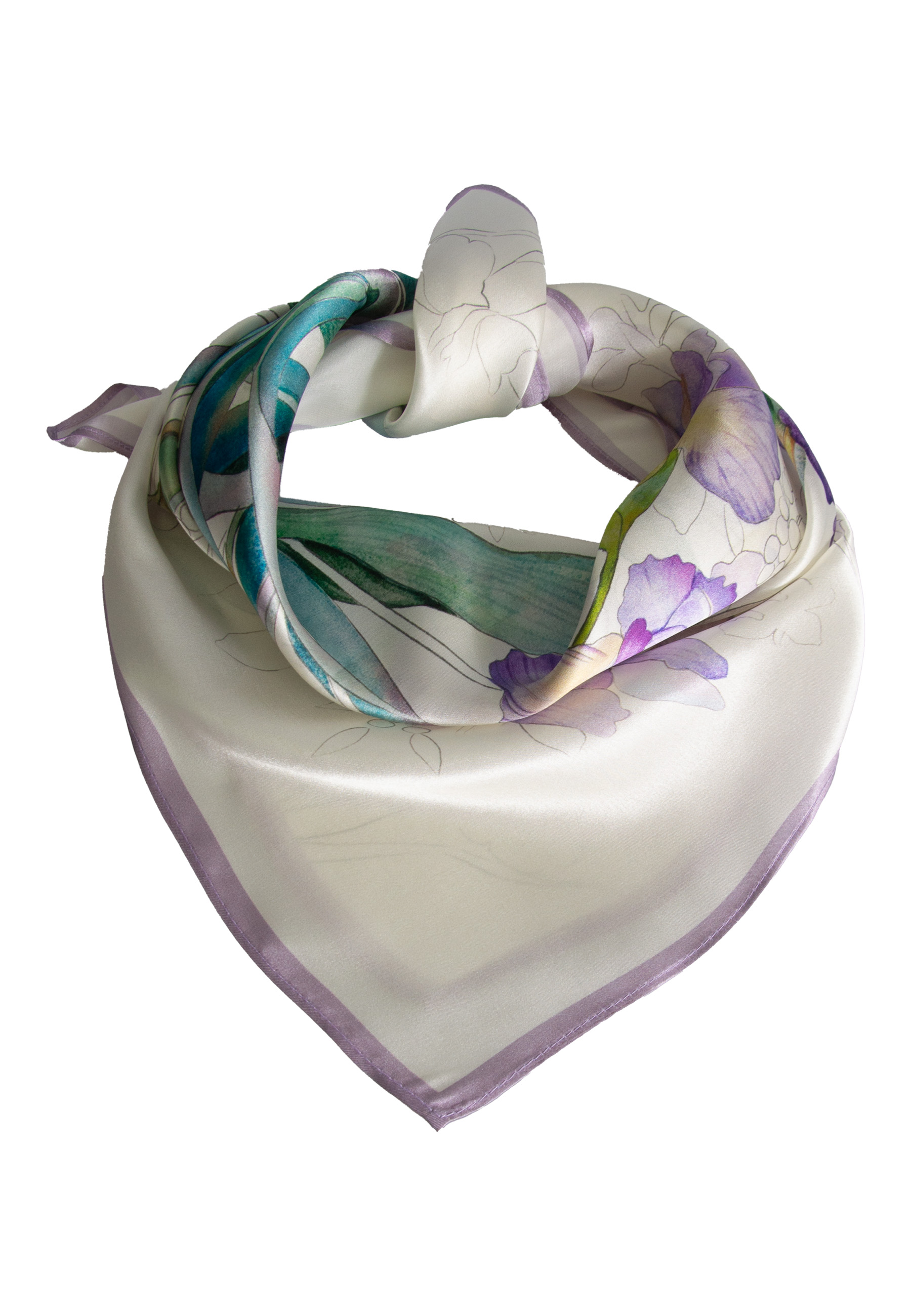 Medium elegant silk scarf in purple irises 68cm x 68cm image 2