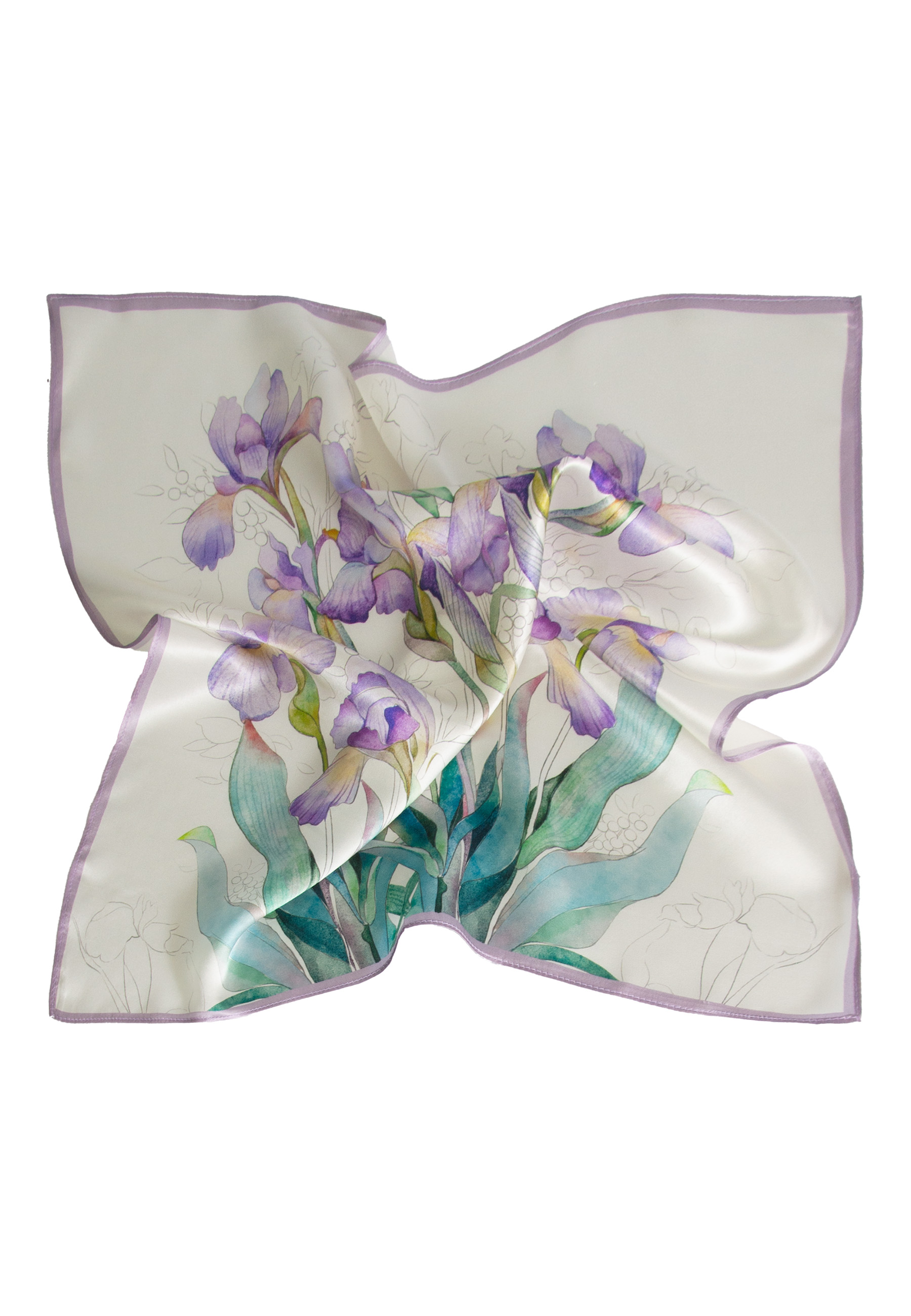 Medium elegant silk scarf in purple irises 68cm x 68cm image 3