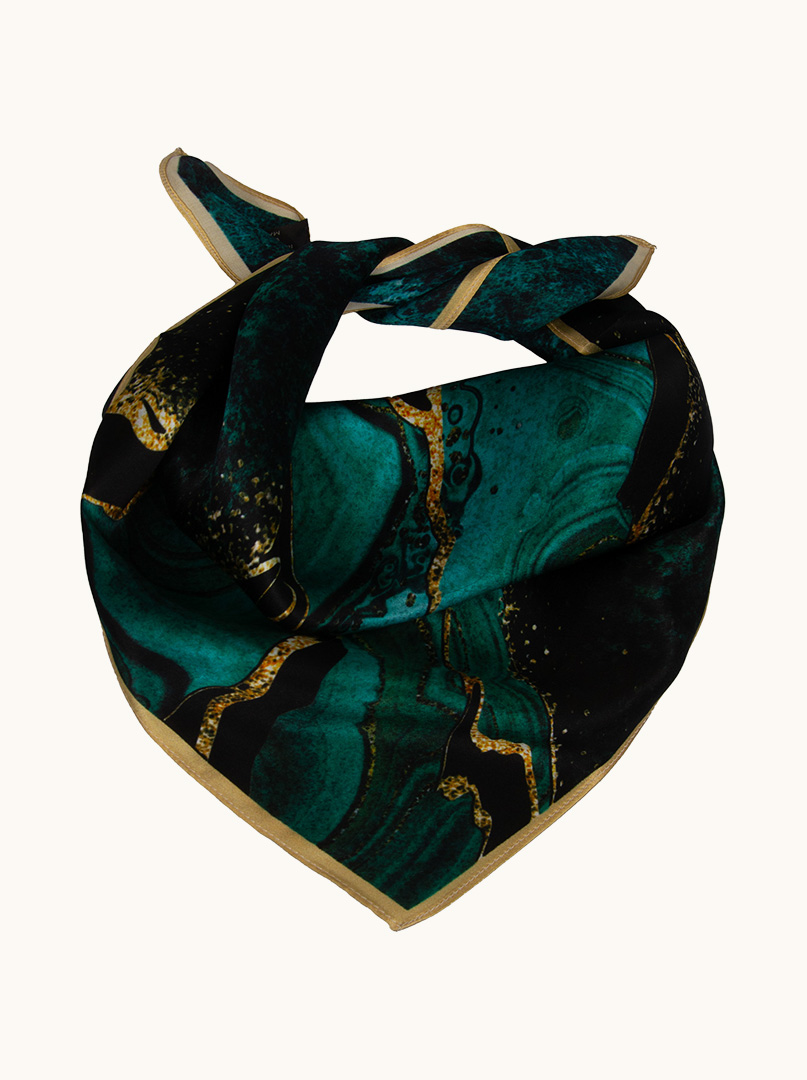 Small silk gavroche scarf in shades of malachite and gold 53cm x 53cm image 3
